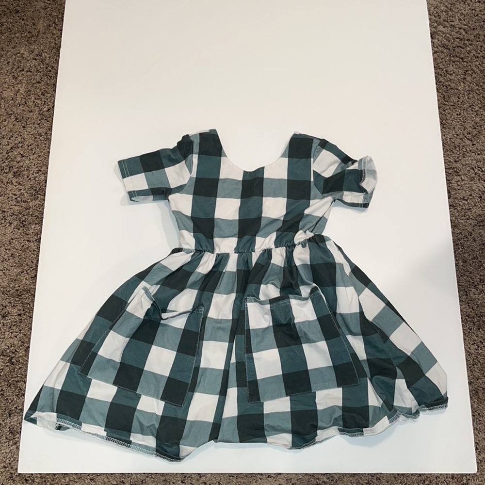 Girl’s Short Sleeved Dress, Green, White, Checked, Presley Couture, Size 7/8